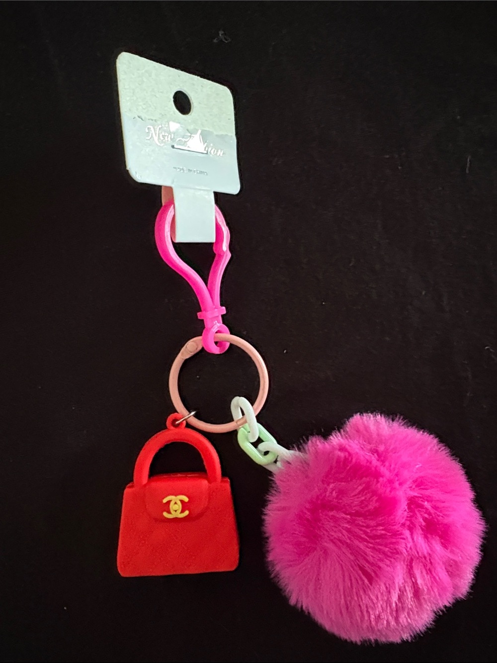 Chic Pink Pom & Red Bag Keychain - Designer-Inspired